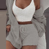 3PCS/Sets Sexy Fluffy Suits Hooded Coral Velvet Coat+Shorts+Crop Top Women Tracksuit Casual Sports Overalls Sweatshirts