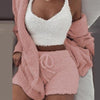 3PCS/Sets Sexy Fluffy Suits Hooded Coral Velvet Coat+Shorts+Crop Top Women Tracksuit Casual Sports Overalls Sweatshirts