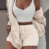 3PCS/Sets Sexy Fluffy Suits Hooded Coral Velvet Plush Coat+Shorts+Crop Top Women Tracksuit Casual Sports Overalls Sweatshirts