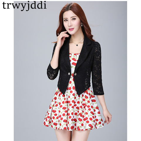 3XL Blazer Shawl Women Summer Short Korean Lace Stitching Hook Flowers Hollow Out Small Suit Thin Jacket Mujer Shirt hl455