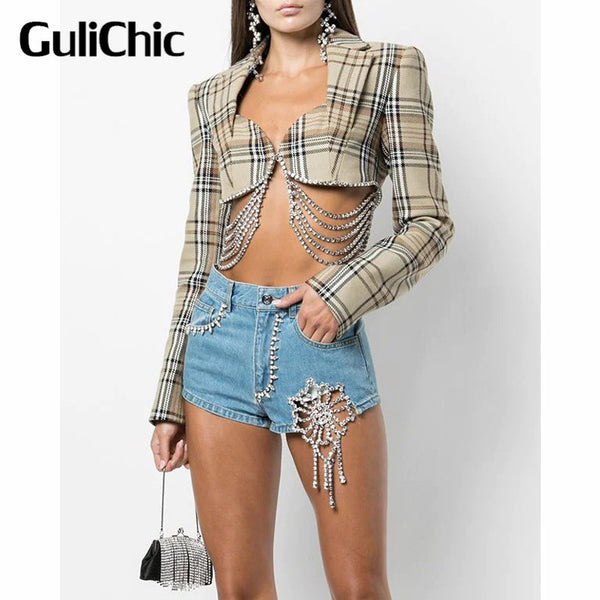 4.25 GuliChic  Women Heavy Industry Rhinestone Tassels Chain Plaid Short Temperament Blazer