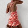 40# Backless Floral Print Mini Dress Women Sexy Sleeveless Beach Sheath Summer Dress Vintage Holiday Halter Sundress Vestidos