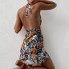 40# Backless Floral Print Mini Dress Women Sexy Sleeveless Beach Sheath Summer Dress Vintage Holiday Halter Sundress Vestidos