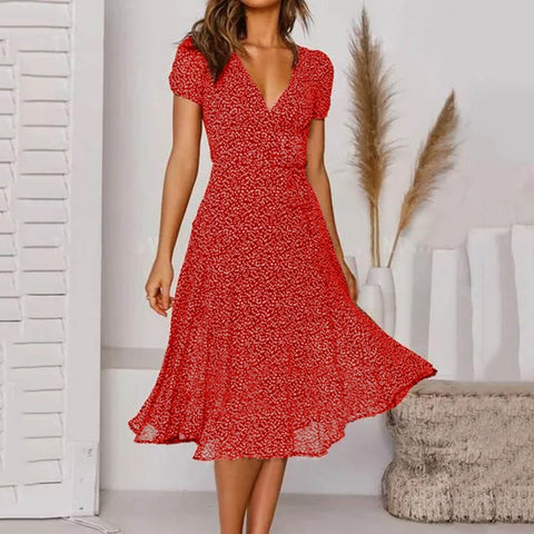 40# Bohe A-line Dress Woman Clothing Elegant Polka Dot Big Swing Short Sleeve V-neck High Waist Dress 2022 Slender Dress Robe