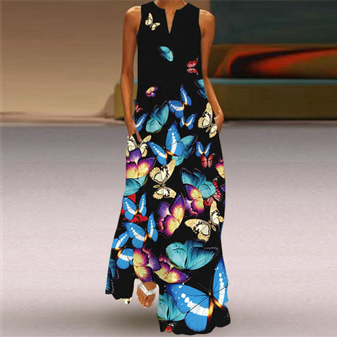 40# Butterfly Printed Sleeveless Long Dress Women V-neck tank Maxi Dress With Pockets Vintage Cami Summer Dress Robe Femme