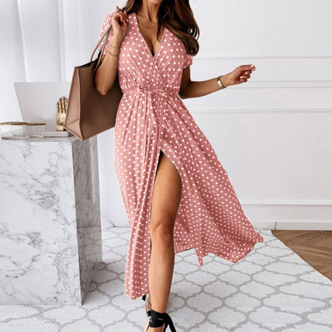 40# Elegant Polka Dot Summer Dress Women High-slit V Neck Short Sleeve Dresses For Women 2022 Bohemia Vintage Robe Femme