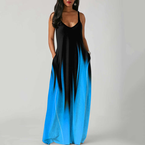 40# Gradient Color Tank Dress Vintage Bohemian Summer Dress 2022 V-neck Sleeveless Dress Woman Pullover Floor Length Dresses