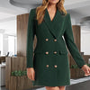 40%HOTLapel Slim Fit Solid Color Long Sleeve Flap Pockets Autumn Blazer Double Breasted Female Office Mid-Length Coat Outerwear
