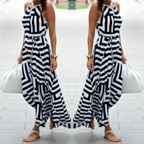 40# Halter Stripe Print Maxi Dress Women Sexy Sleeveless O-neck Summer Dress Bohemian Casual Dresses For Women robe Femme