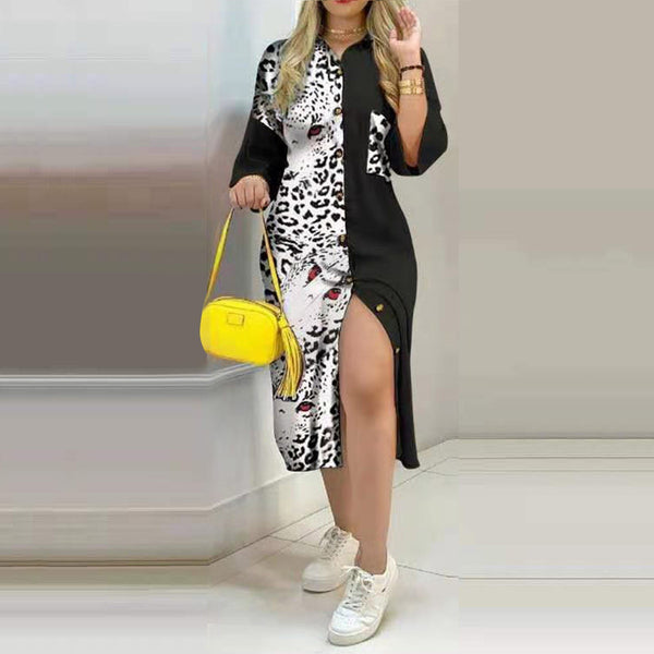40# Leopard Patchwork Shirt Dress Women Long Sleeve V-neck High-slit Maxi Dress Office Lady Elegant Button Long Dress Vestidos