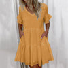 40# Pleated Solid Color Summer Dress Ruffle Vintage Summer Dress 2022 V-neck Short Sleeve Mini Dress Woman Pocket Dress Vestidos
