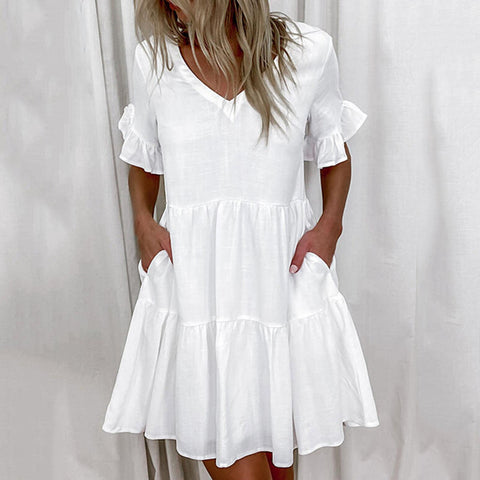40# Pleated Solid Color Summer Dress Ruffle Vintage Summer Dress 2022 V-neck Short Sleeve Mini Dress Woman Pocket Dress Vestidos
