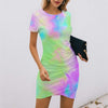 40# Vintage Camouflage Printing Dress For Woman Casual Sheath Short Sleeve Dress Ruched Wrap Hip Mini Round-neck Dress 2022