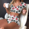 40# Women Bear Footprint Print Sets Home Brief Solid Elastic Waist Shorts Two-piece Tracksuit Sets Shorts Female+crop Top Sets