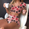 40# Women Bear Footprint Print Sets Home Brief Solid Elastic Waist Shorts Two-piece Tracksuit Sets Shorts Female+crop Top Sets