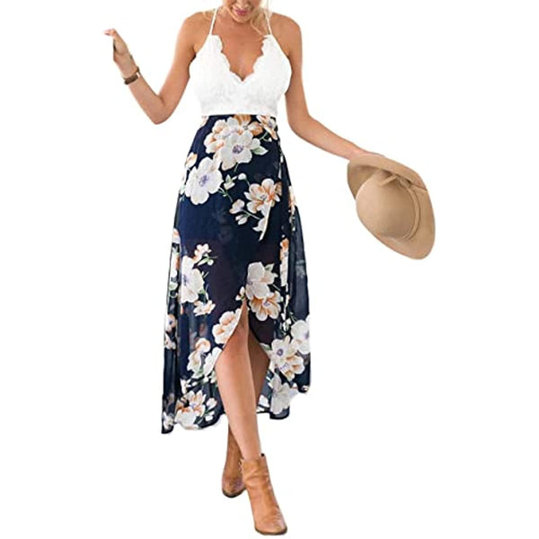 Blooming Jelly Women's Deep V Neck Sleeveless Summer Asymmetrical Floral Maxi Dress