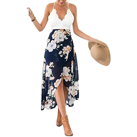 Blooming Jelly Women's Deep V Neck Sleeveless Summer Asymmetrical Floral Maxi Dress