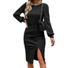 2023 Spring Women's Dresses Fashion Solid Color Round Neck Waist Lantern Long Sleeve Slit Bag Hip Dress
