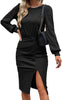 2023 Spring Women's Dresses Fashion Solid Color Round Neck Waist Lantern Long Sleeve Slit Bag Hip Dress