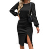 2023 Spring Women's Dresses Fashion Solid Color Round Neck Waist Lantern Long Sleeve Slit Bag Hip Dress