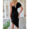 Women 2023 Summer Elegant One Shoulder Cocktail Dress Ruffle Sleeve Wrap Ruched Bodycon Short Party Dresses