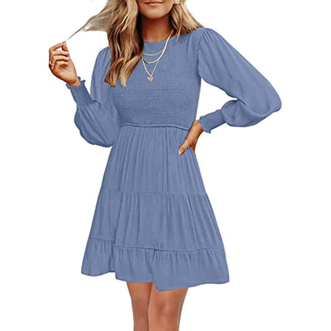 Women's 2023 Casual Long Sleeve Smocked Crew Neck Elastic Waist Flowy Tiered Mini Dress