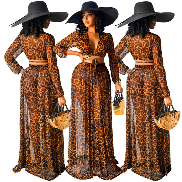 4239 cross border spring summer European and American women's Leopard Print Chiffon Skirt Suit two piece set (excluding underwea