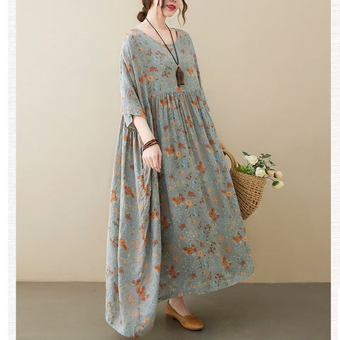 4XL 5XL 6XL Printed Floral Dress For Women 2023 Summer Short Sleeve Cotton Linen Long Dress Female Casual Boho Dress