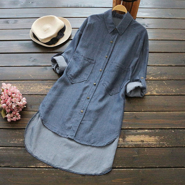 4XL 5XL Big Size Denim Shirt Women Irregular Hem Length Pockets Buttons Long Sleeve Women's Tops Autumn Stone Wash Jean Blouse