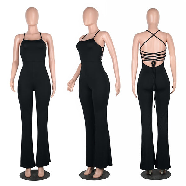 5 Colors Women Casual Jumpsuit Solid Sexy Backless Bandage Long Rompers Ladies One Piece Outfits Flare Pants Plus Size 2XL