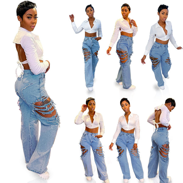 5 Star Patchwork Y2K Pants Baggy Women High Waist Jeans Hip Hop Trend Hole Casual Streetwear Straight Denim Trousers