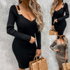 50% SALES！！！Women Deep V Neck Long Sleeve Off Shoulder Metal Straps Ribbed Knitted Dress