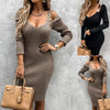 50% SALES！！！Women Deep V Neck Long Sleeve Off Shoulder Metal Straps Ribbed Knitted Dress