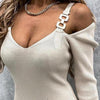 50% SALES！！！Women Deep V Neck Long Sleeve Off Shoulder Metal Straps Ribbed Knitted Dress