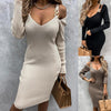50% SALES！！！Women Deep V Neck Long Sleeve Off Shoulder Metal Straps Ribbed Knitted Dress