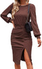 2023 Spring Women's Dresses Fashion Solid Color Round Neck Waist Lantern Long Sleeve Slit Bag Hip Dress