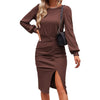 2023 Spring Women's Dresses Fashion Solid Color Round Neck Waist Lantern Long Sleeve Slit Bag Hip Dress