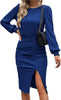 2023 Spring Women's Dresses Fashion Solid Color Round Neck Waist Lantern Long Sleeve Slit Bag Hip Dress