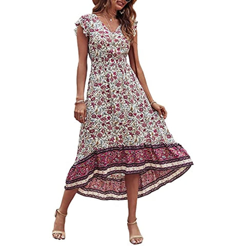 Women's Summer Maxi Dress Casual Floral V Neck Cap Sleeves Boho High Low Flowy Midi Long Sun Dresses