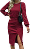 2023 Spring Women's Dresses Fashion Solid Color Round Neck Waist Lantern Long Sleeve Slit Bag Hip Dress