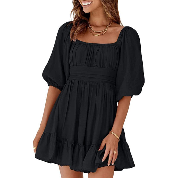 Womens Summer Dresses Square Neck Lantern Sleeve Tie Backless Ruffle A-Line Casual Dress