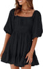 Womens Summer Dresses Square Neck Lantern Sleeve Tie Backless Ruffle A-Line Casual Dress