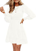 Women's 2023 Casual Long Sleeve Smocked Crew Neck Elastic Waist Flowy Tiered Mini Dress