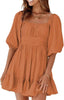 Womens Summer Dresses Square Neck Lantern Sleeve Tie Backless Ruffle A-Line Casual Dress