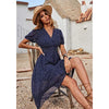 Women's Floral Wrap V-Neck Midi Dress Short Sleeve Boho Summer Beach Long Dress High Low Hem Smocked Dress Women