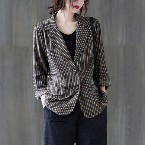 #5213 Spring Autumn Vintage Cotton Linen Blazer Women Vertrical Striped Blazer Female Loose Single Buttons Womens Blazers Jacket
