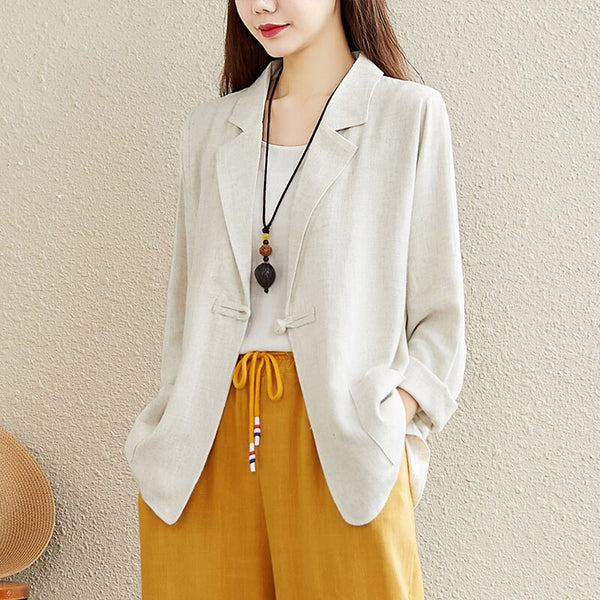 #5218 Vintage Cotton Linen Blazer Women Single Buttons Women Blazers And Jackets Solid Loose Retro Blazer Femme Long Sleeved