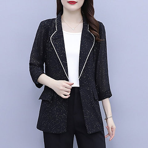 #5234 Black Plus Size Blazer For Women Single Buttons Casual Blazer Woman Three Quarter Sleeve Chiffon Blazer Coat Thin Elegant