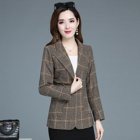 #5266 Spring Autumn Plaid Blazer Women Long Sleeved Slim Casual Blazer Coat Female Single Button Vintage Blazer Woman Middle Age