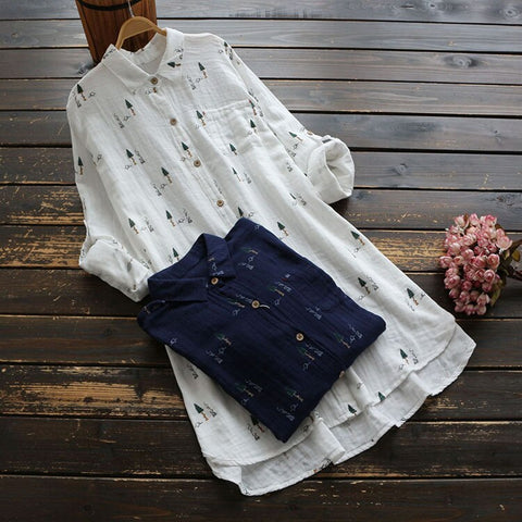 5628 Spring Women Blouse Simple Japan Style Printing Long Sleeve Turndown Collar Cotton Blouse Women Literary Shirt Top